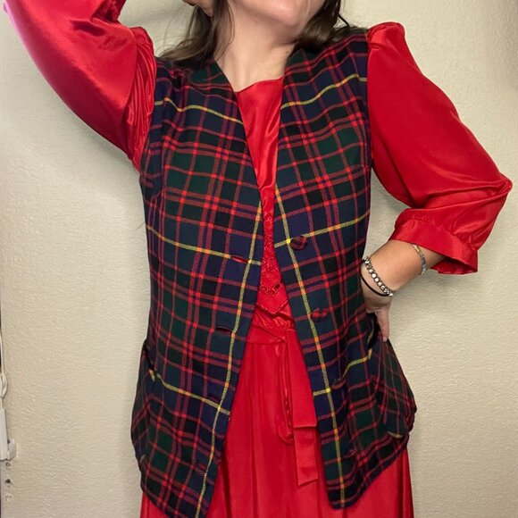 Vintage 70s Holiday Xmas Christmas Check Plaid Wool V Neck Vest | S/M - Picture 3 of 9